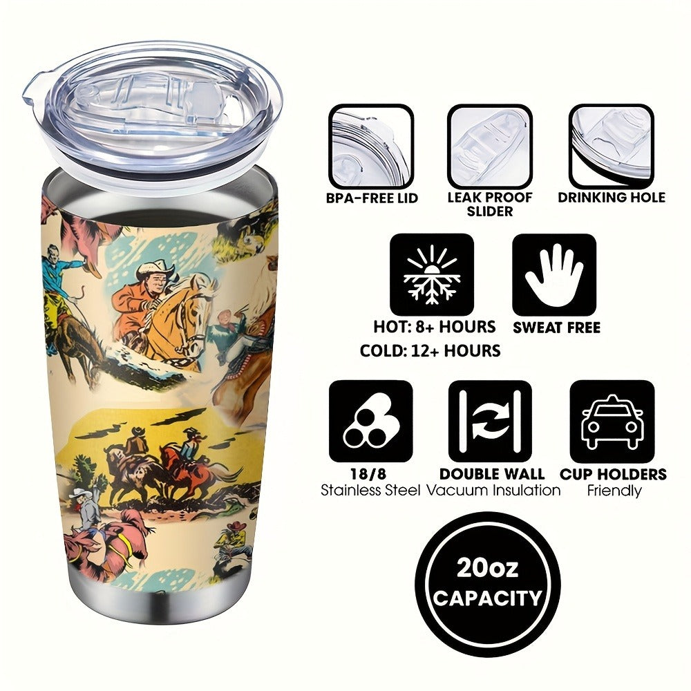 Cowboy Insulated Tumbler 20oz Stainless Steel with Lid & Straw | Western Graphic Travel Cup for Hot & Cold Drinks ¨C Camping Drinkware, Birthday & Holiday Gift for Men & Women