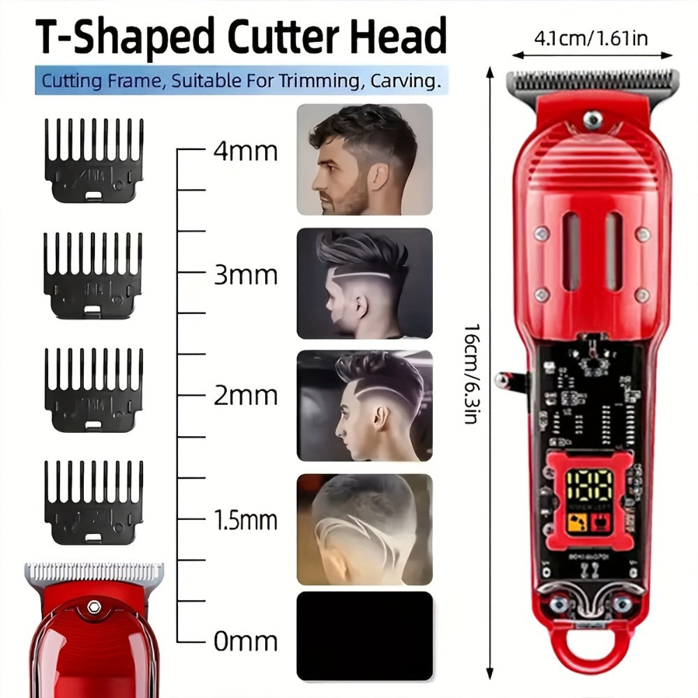Professional Hair Cutting Kit for Men - Transparent USB Rechargeable Hair Clipper with LCD Display, T-Blade Trimmer, Electric Shaver, 4 Guide Combs & Cleaning Brush - Home Barber Grooming Gift Set