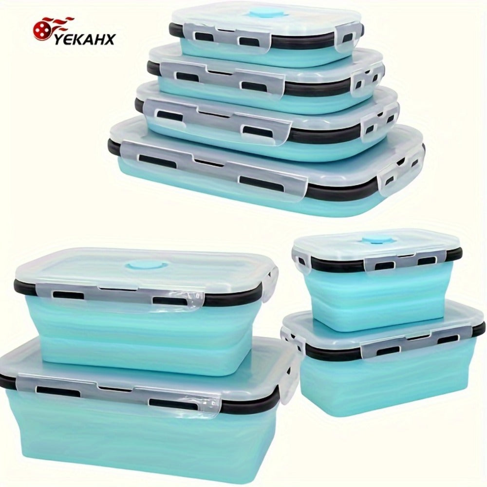 Foldable Meal Prep Containers Set of 4 - Airtight Lids, 4 Sizes, Microwave Dishwasher Refrigerator Safe, Stackable Food Storage for Lunch, Meal Prep, RV, Outdoor Snacks - Green, Red, Blue