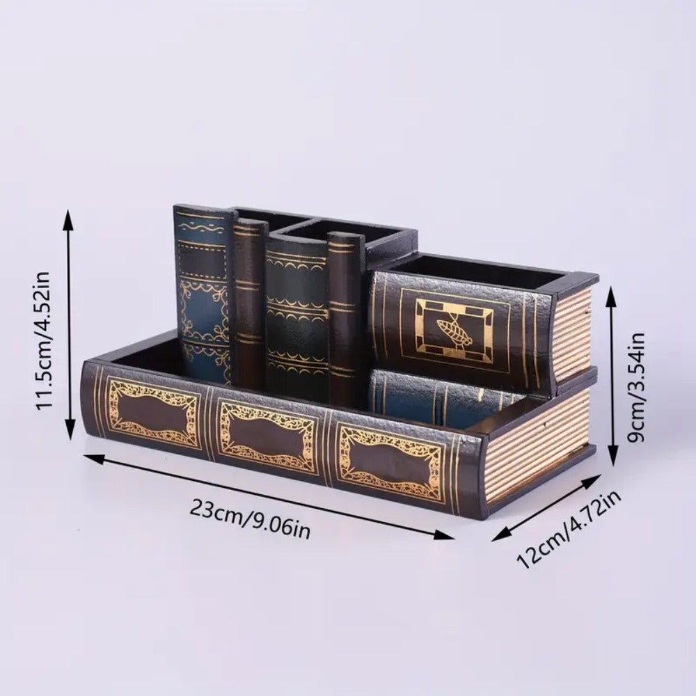 Wooden Pen Holder with Drawer Book-Shaped Desk Organizer, Vintage Retro Wood Desktop Storage Box with Hidden Drawer for Pens Pencils Remote Control, Decorative Office Home Study Room Gift