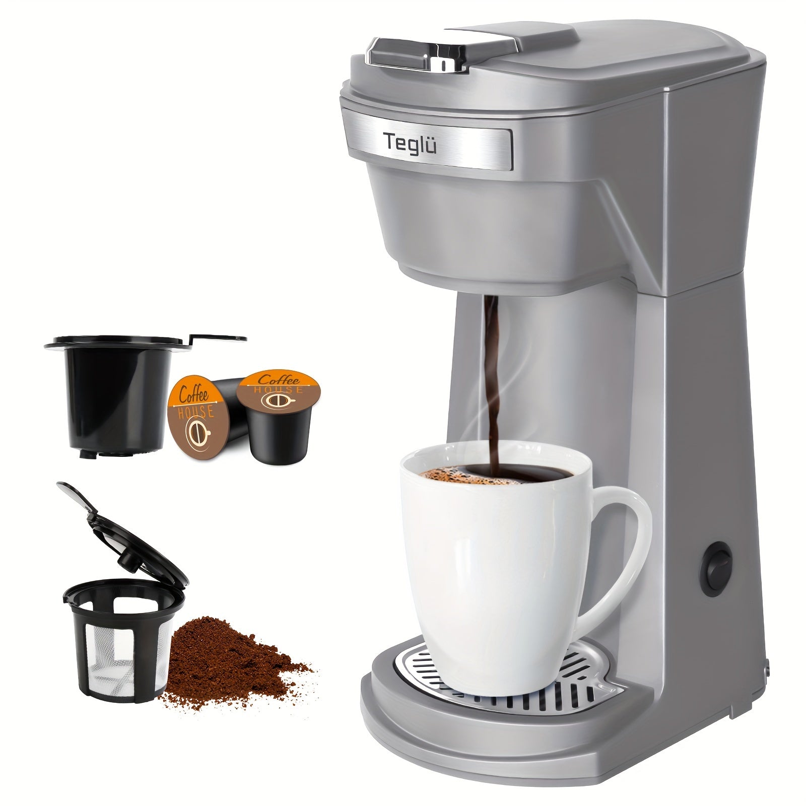 Single Serve Coffee Maker 2-in-1 for K-Cup Pods and Ground Coffee One-Button Operation 6-14oz Brew Sizes Auto Shut-Off Stainless Steel Drip Coffee Machine Blue Black Red Grey