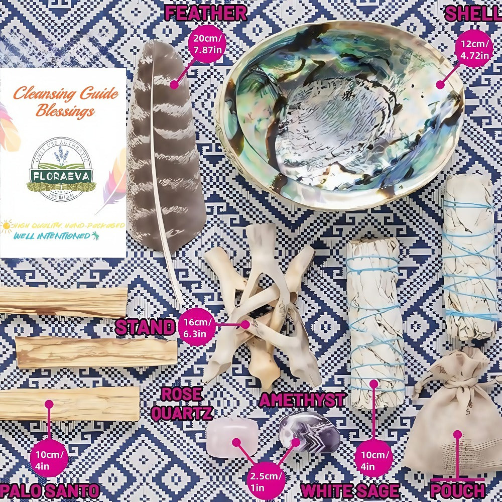 White Sage Cleansing Kit Smudge Set with Abalone Shell Holy Wood Incense Feathers Crystal Stone - Sage Sticks for Protection Positive Energy Home Office Decor Holiday Gift