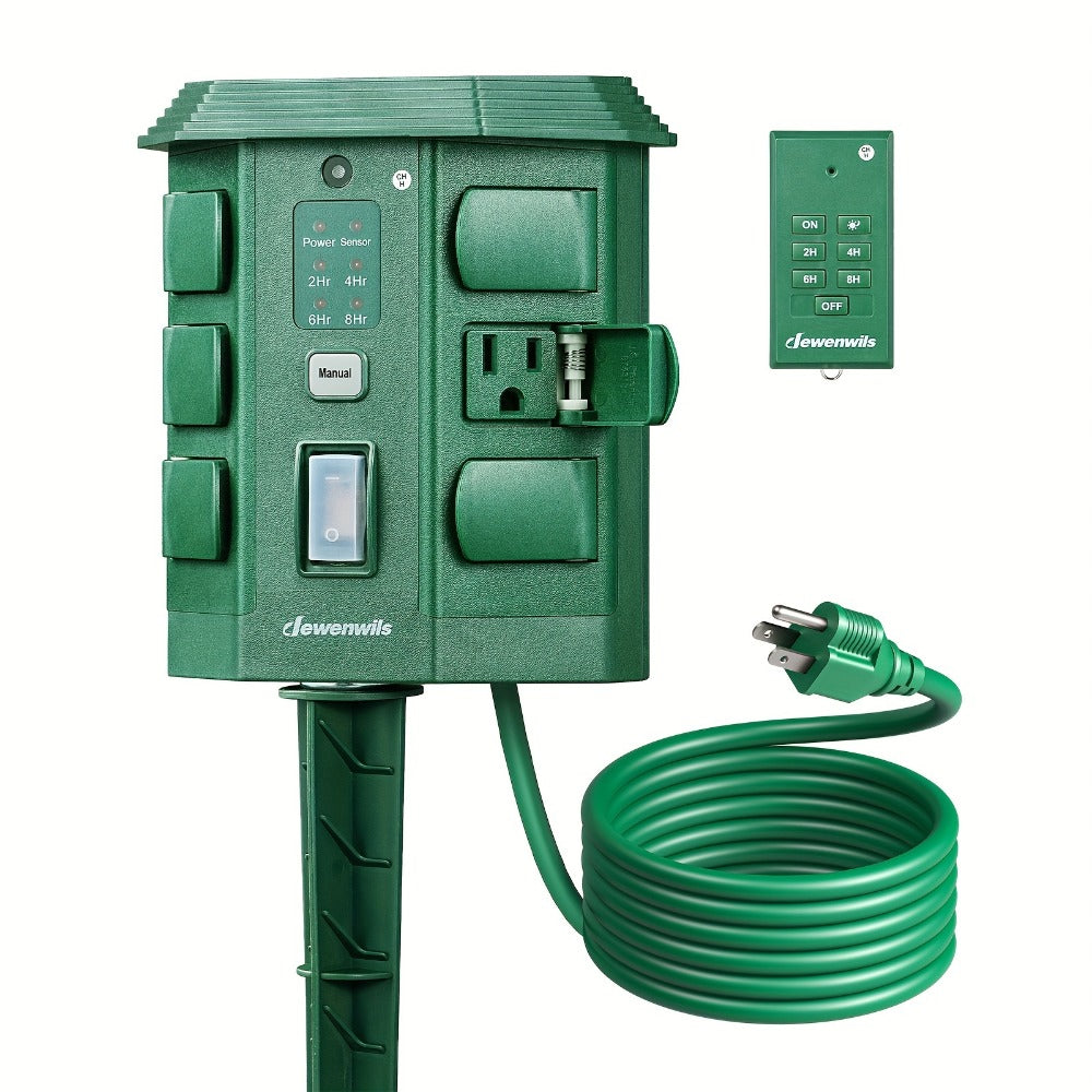 Outdoor Power Stake Timer 6 Outlet Weatherproof ¨C 100FT Wireless Remote Control, Dusk to Dawn Photocell Sensor, 7 Timer Modes, 6FT Cord, Overload Protection for Garden Yard Christmas Holiday Lights