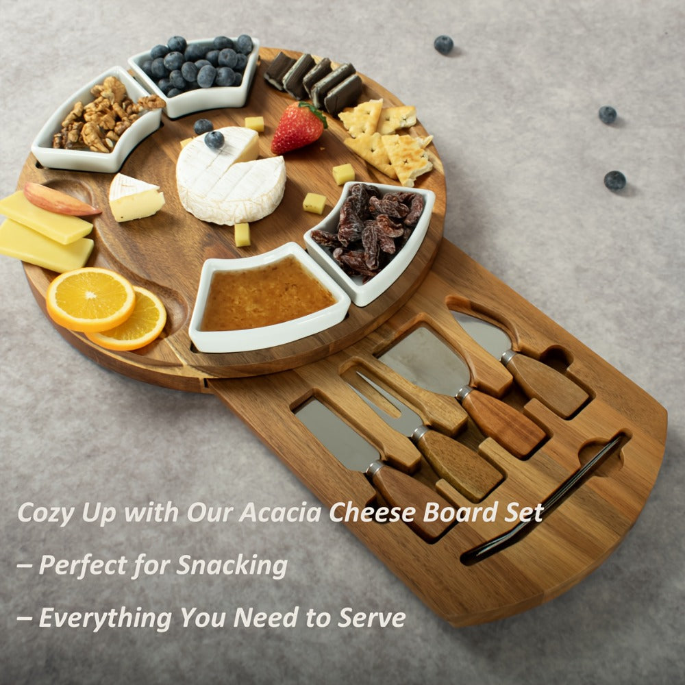 Acacia Wood Charcuterie Board Set Circular Cheese Board with Drawer Knife Set & Ceramic Bowls | Premium Serving Platter Gift Set for Housewarming Bridal Shower Wedding Birthday Women 13x13 Inch