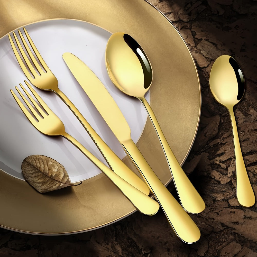 30pcs Golden Stainless Steel Flatware Set for 6 People Mirror Polish Knives Forks Spoons Silverware with Wooden Gift Box for Wedding Celebration Banquet Business Gift