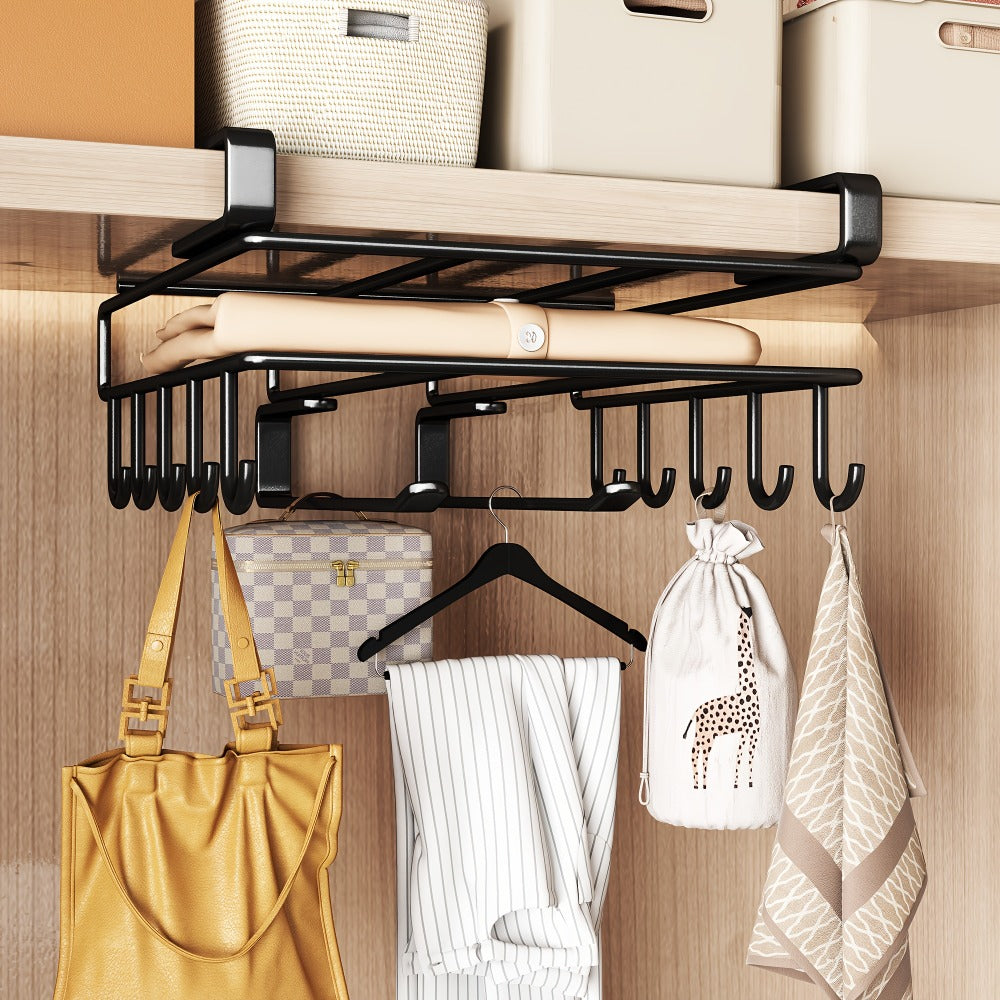 Under Cabinet Organizer Rack with Hooks ¨C Heavy Duty Carbon Steel Kitchen Shelf for Utensils, Towels, Cups & Cutting Boards ¨C No-Drill Door-Mount Space-Saving Kitchen Storage