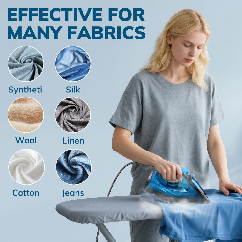Steam Iron Non-Stick Bottom Plate High Pressure Anti-Calc Safety Protection Adjustable Temperature Steam Settings Dry Wet Clothes Fast Heating Travel Essential Blue
