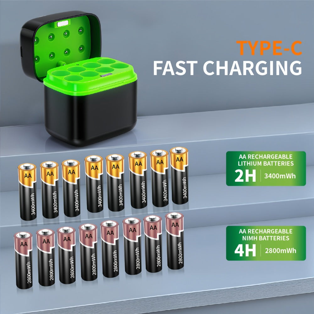 AA AAA Battery Charger Smart Hybrid Charger for NiMH and Li-ion Rechargeable Batteries with Integrated Storage Box Compatible with AA AAA Batteries Battery Not Included