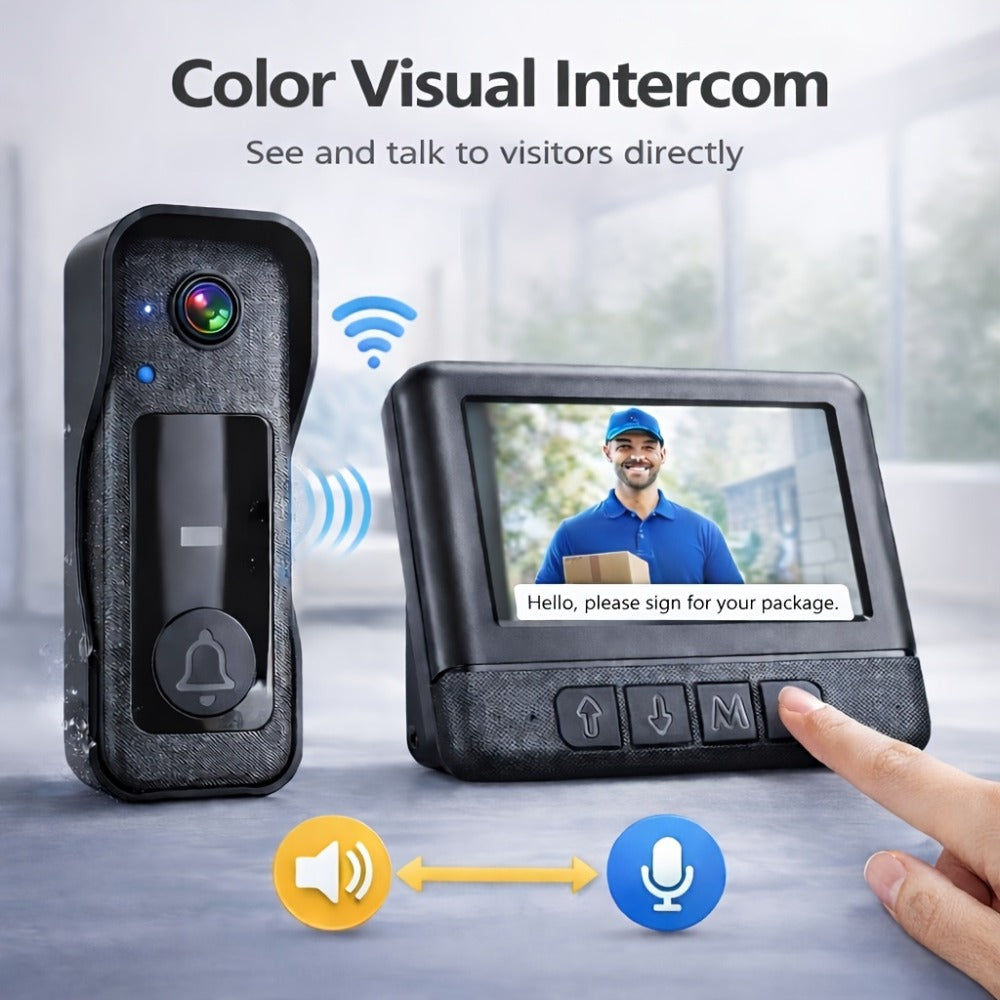 WiFi Video Doorbell with 4.3 Inch Indoor Monitor | Waterproof Night Vision Two-Way Audio Rechargeable Battery | Auto Photo Video Recording Senior Friendly Real-Time Monitoring
