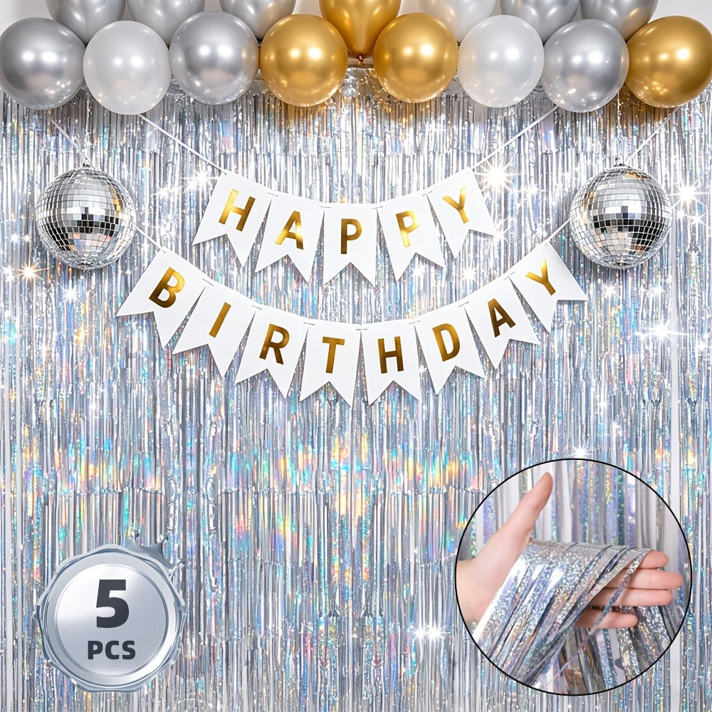Metallic Tinsel Fringe Curtain Backdrop 5 Pack ¨C Shimmering Foil Streamer for Birthday Party Decorations, Wedding, Bachelorette, Engagement, Halloween, Christmas Holiday Celebration Photo Prop