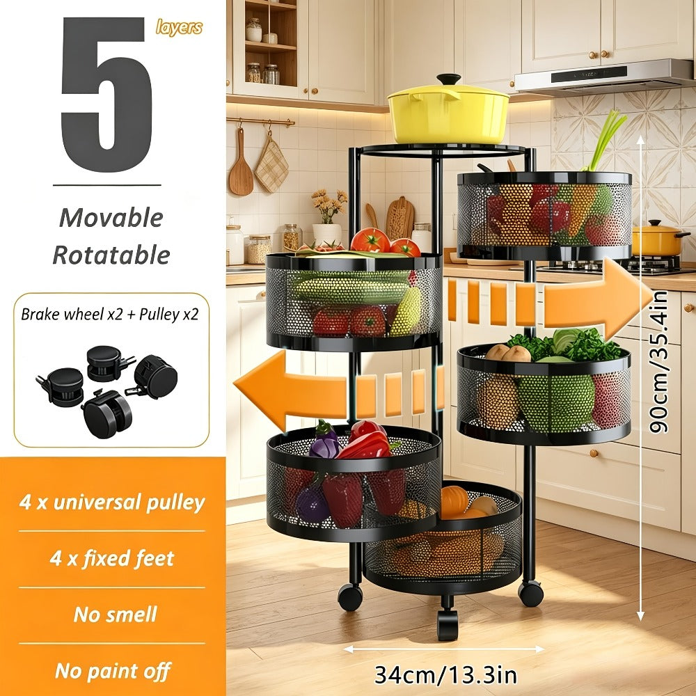 Rolling Storage Cart with Wheels 5-Tier 360¡ã Rotating Kitchen Organizer Basket, No Assembly Space-Saving Floor Standing Bin for Kitchen Pantry Bathroom Bedroom Fruits Vegetables Home Organization