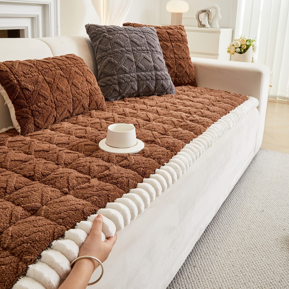 Bohemian Quilted Sofa Cover with Ruffles - 300GSM Shu Velveteen Anti-Slip Pet Friendly Machine Washable Plush Slipcover for Loveseat 3-4 Seater Sectional Sofa, 5 Colors