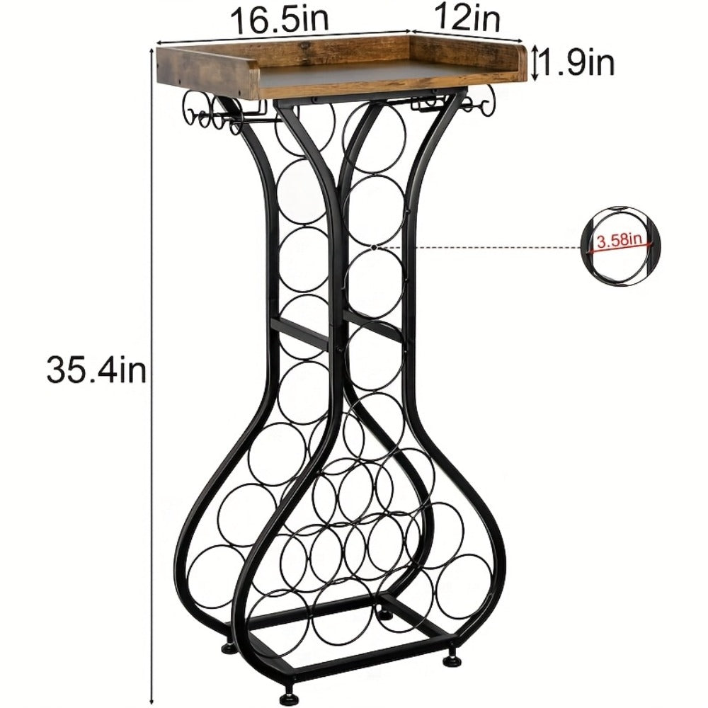 Freestanding Wine Rack Floor 14 Bottles Mini Bar Table Stand Liquor Cabinet with Glass Holder Wood Tabletop Wine Storage for Home Bar Kitchen Living Room Black