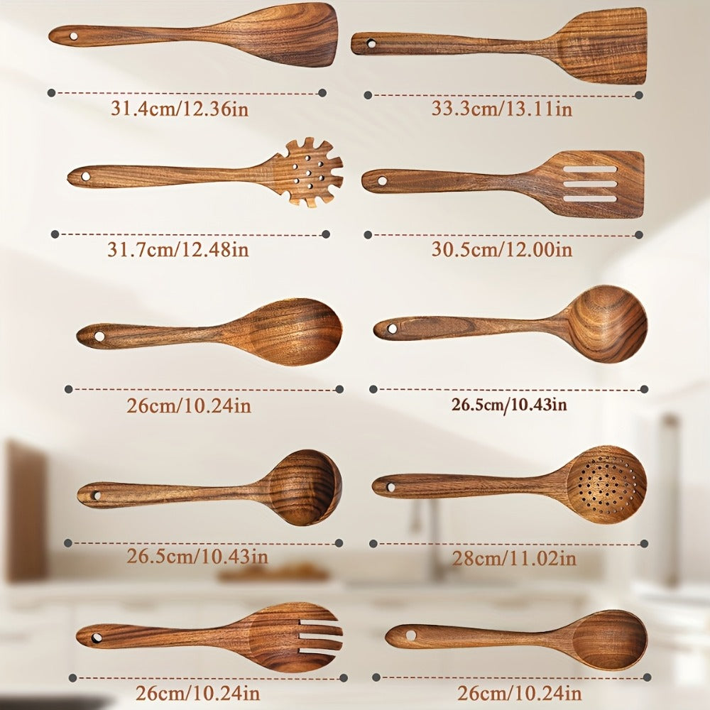 Wooden Kitchen Utensils Set ¨C Natural Wood Spoon Spatula & Wok Spatula with Ergonomic Handle, Heat-Resistant Non-Stick Safe Cooking Tools, Easy to Clean Durable Kitchen Essentials (5 / 6 / 10 Piece Sets)