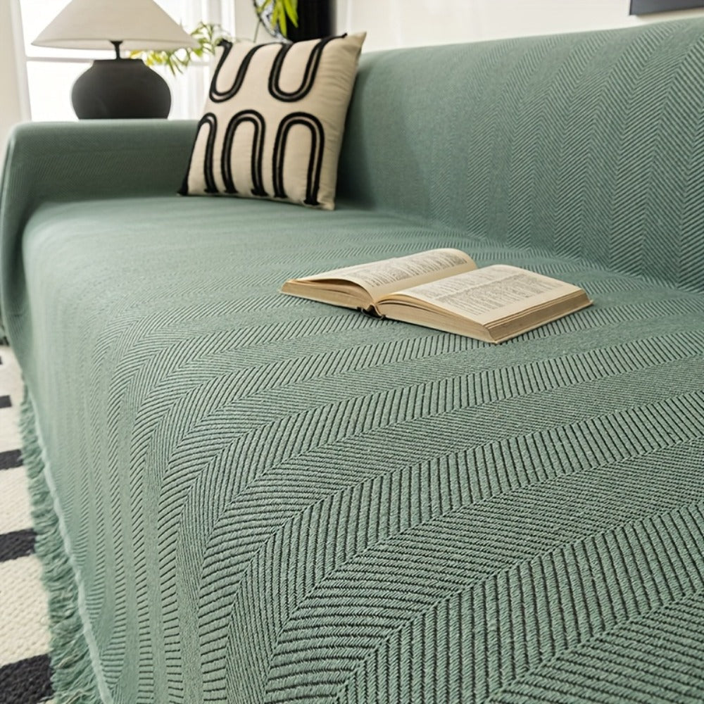 Herringbone Sofa Throw Cover with Tassels Jacquard Woven Solid Color Washable Polyester Sofa Blanket Slipcover for 3 4 Seater Couch Living Room - Grey Coffee Green Blue