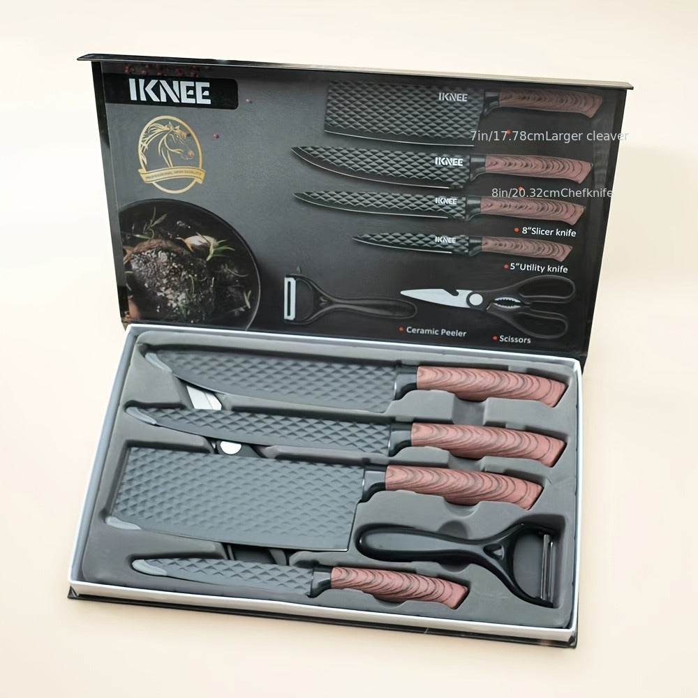 Kitchen Knife Set 6-Piece Professional Chef's Knife Set | High Carbon Stainless Steel Ultra-Sharp Blades | Non-Stick Ergonomic Wooden Handle | Chef Slicing Scraper Scissors | Home & Gift Box Set