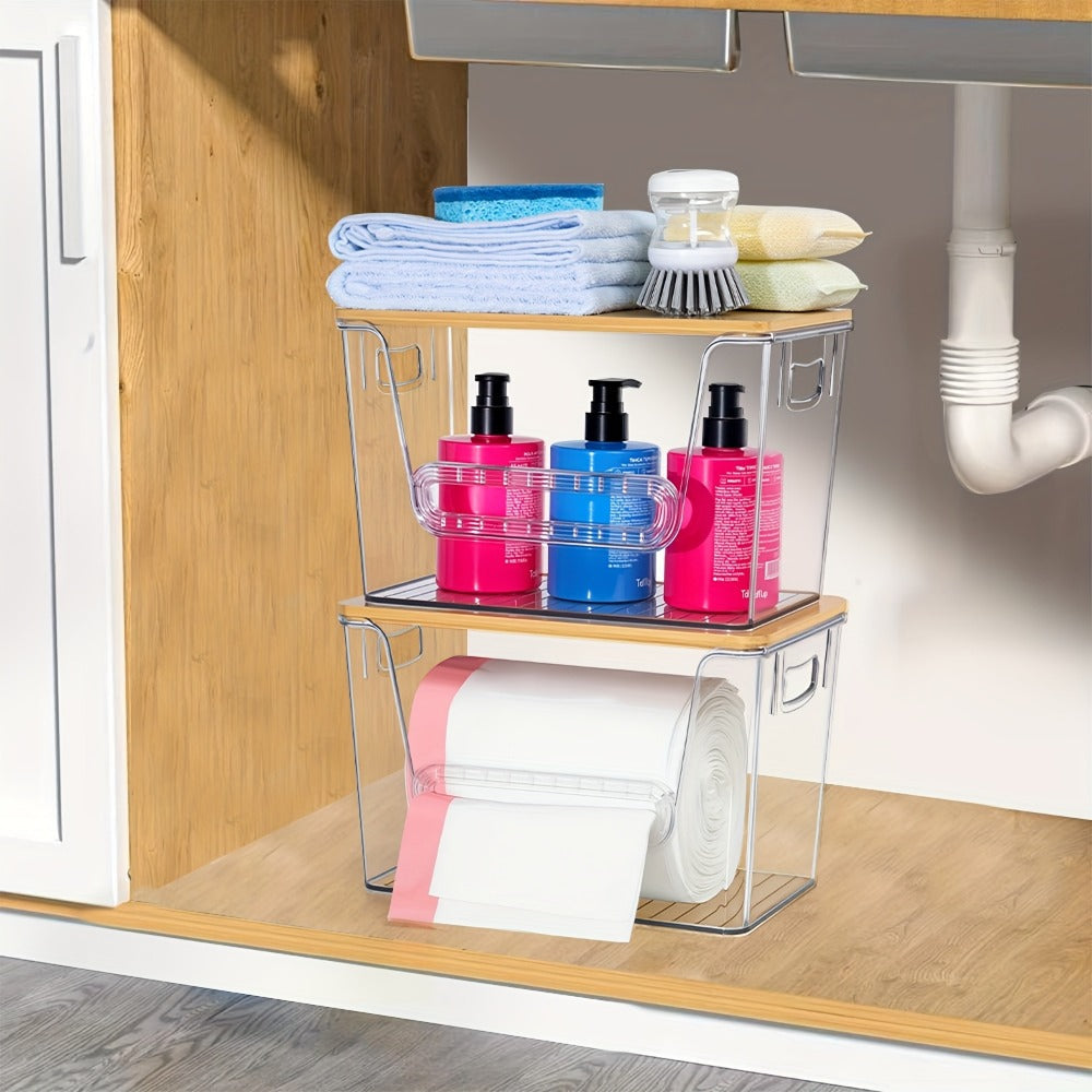 Clear Acrylic Trash Bag Dispenser Stackable with Bamboo Lid Extra Large Kitchen Organizer for Under Sink Laundry Room Pantry Holds 13 30 33 Gallon Bags 1 2 or 4 Pack