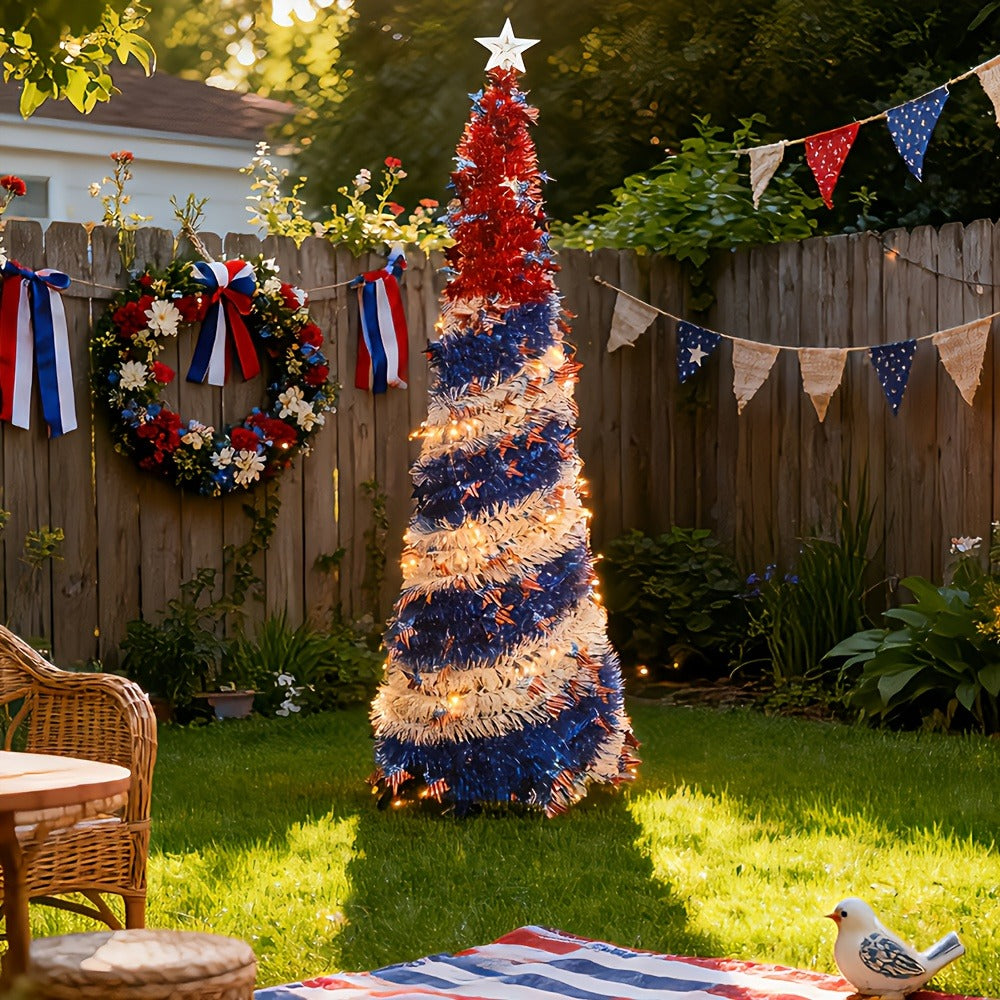 4th of July Patriotic Decoration Tree 5ft ¨C Foldable LED Light String with Red White Blue Stars & Stripes, Independence Day Party Decor, Patriotic Theme Display Tree, Summer Holiday Gift