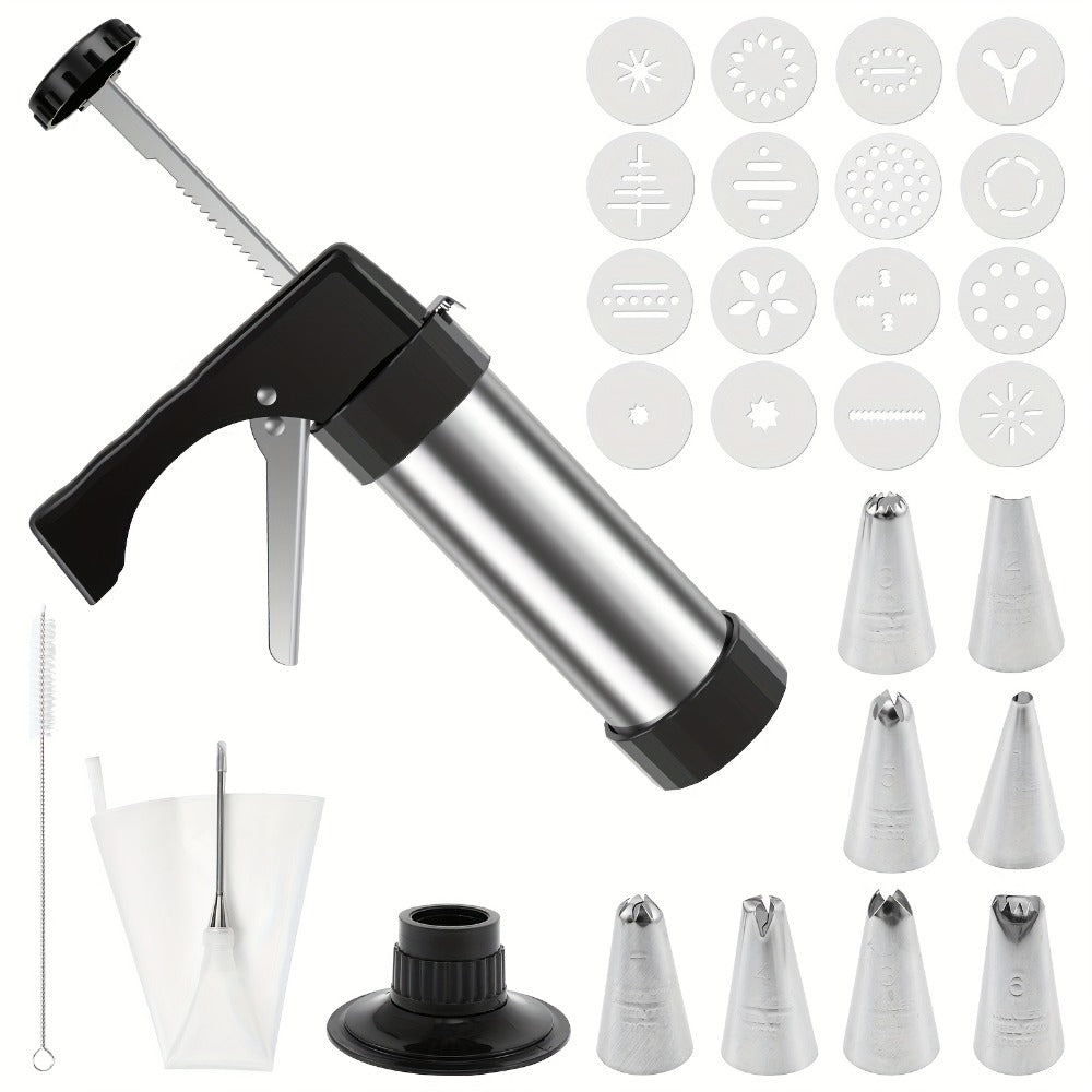 Cookie Press Kit Stainless Steel - 16 Cookie Discs & 8 Icing Tips, Biscuit Press Maker for Christmas Holiday Baking, Cake Dessert Decorating Tool Set with Cleaning Brush