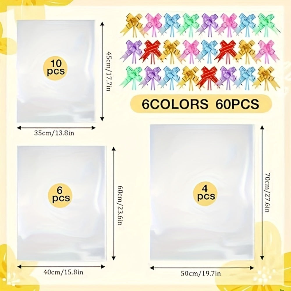 Clear Heat Shrink Cellophane Bags 80pcs 3 Sizes with Pull Bows | Gift Basket Wrapping Bags for Easter Mother's Day Party Favors