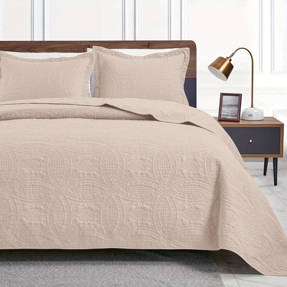 Quilt Set 3 Piece Lightweight Microfiber Bedspread with Pillow Shams - Coin Pattern Coverlet All Season Soft Bed Quilt Full Queen King Orange White Grey Green Khaki