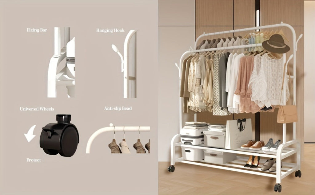 Double Rod Clothes Rack with Wheels Metal Heavy Duty Garment Rack with Shelves and Hooks Portable Closet Organizer for Bedroom Living Room Gold