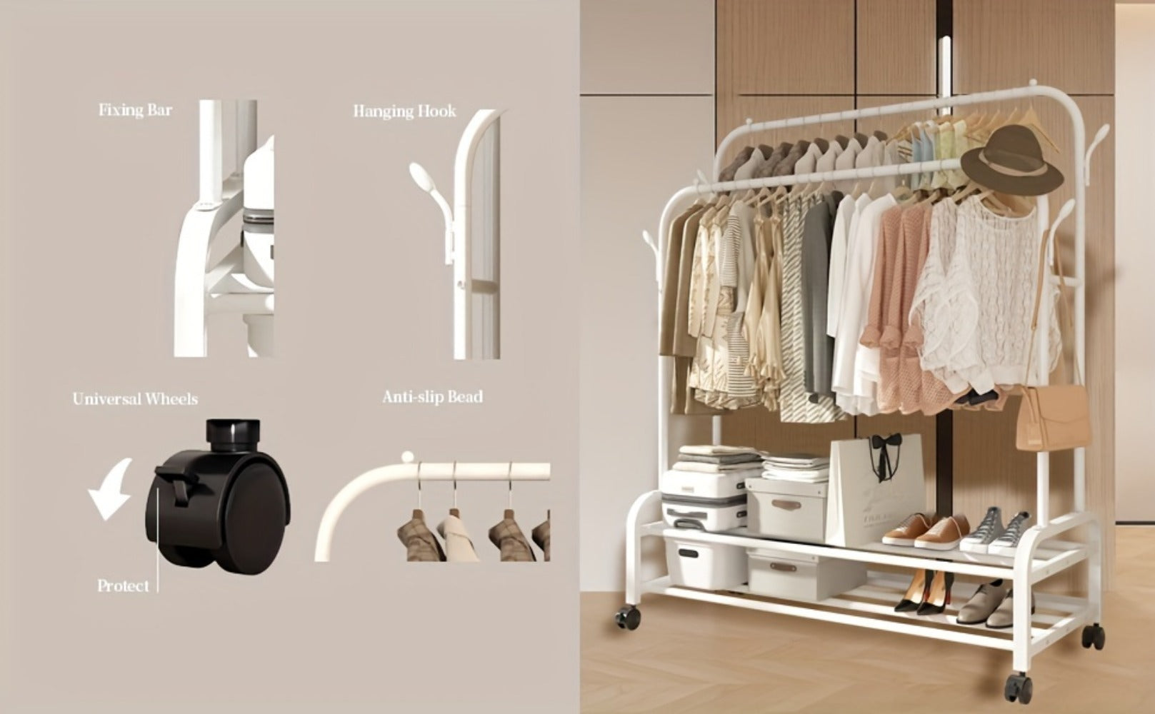 Double Rod Clothes Rack with Wheels Metal Heavy Duty Garment Rack with Shelves and Hooks Portable Closet Organizer for Bedroom Living Room Gold