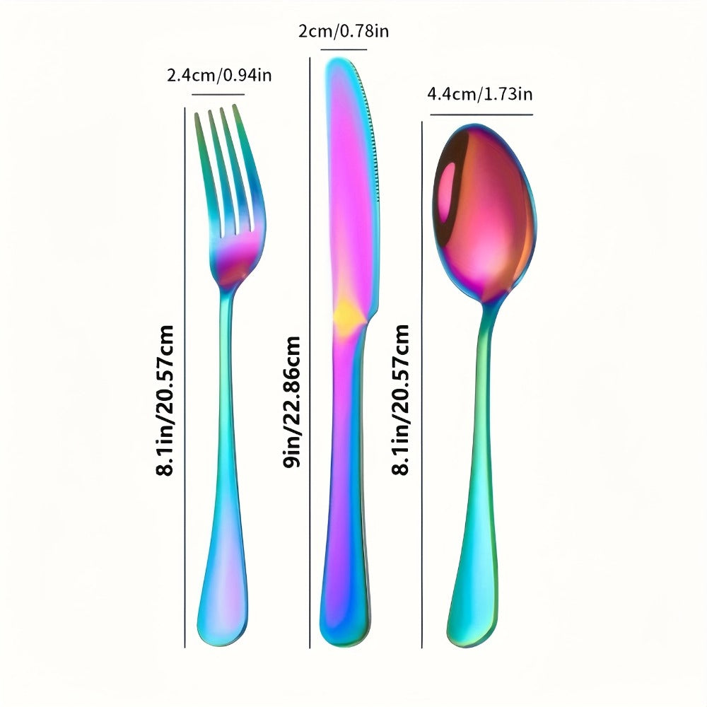Camping Tableware Set Stainless Steel Rainbow Plates Bowls Cups with Forks Spoons Knives Lightweight Outdoor Dinnerware Kit for Family Picnic Backpacking Hiking