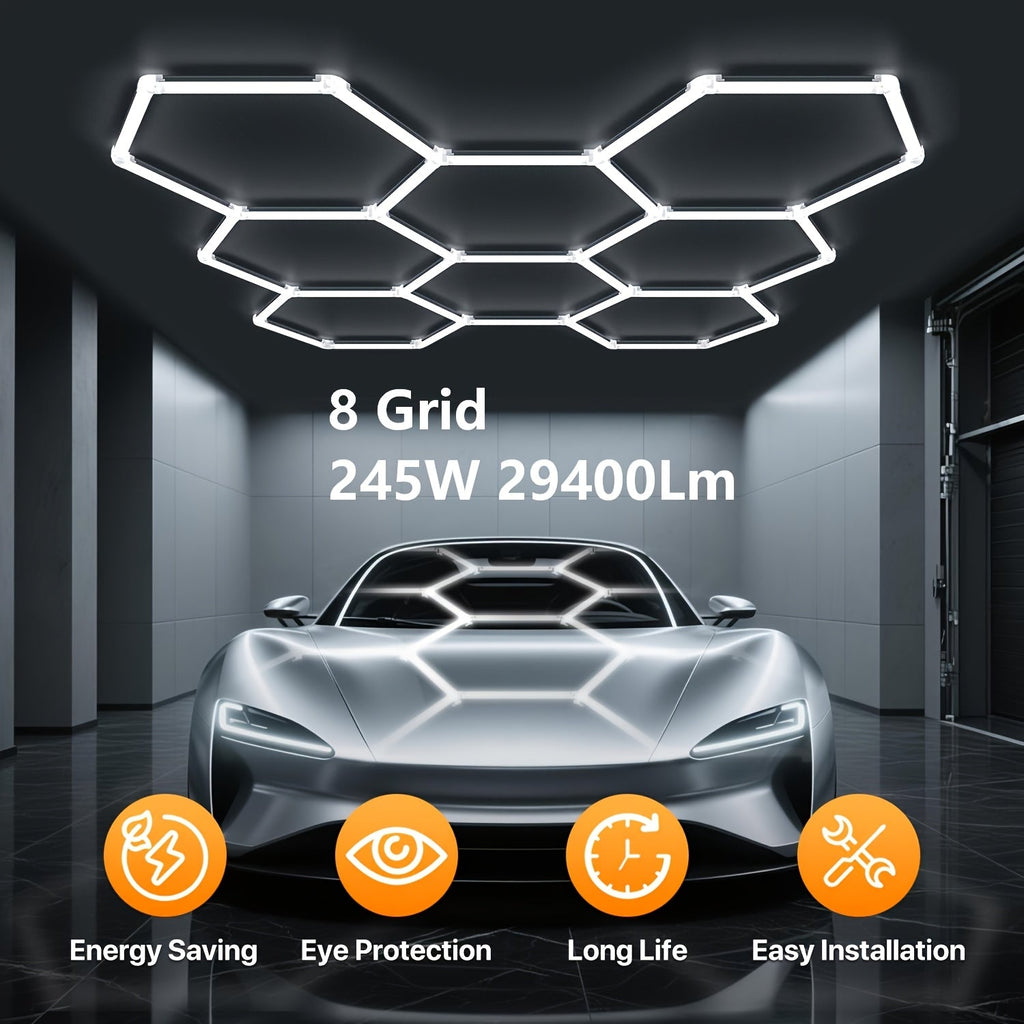 LED Hexagonal Garage Light 6500K ¨C Super Bright Daylight White Shop Light 42W¨C620W for Auto Detailing, Warehouse, Workshop, Basement & Gym (1 to 32 Grids, Hex Frame Available)
