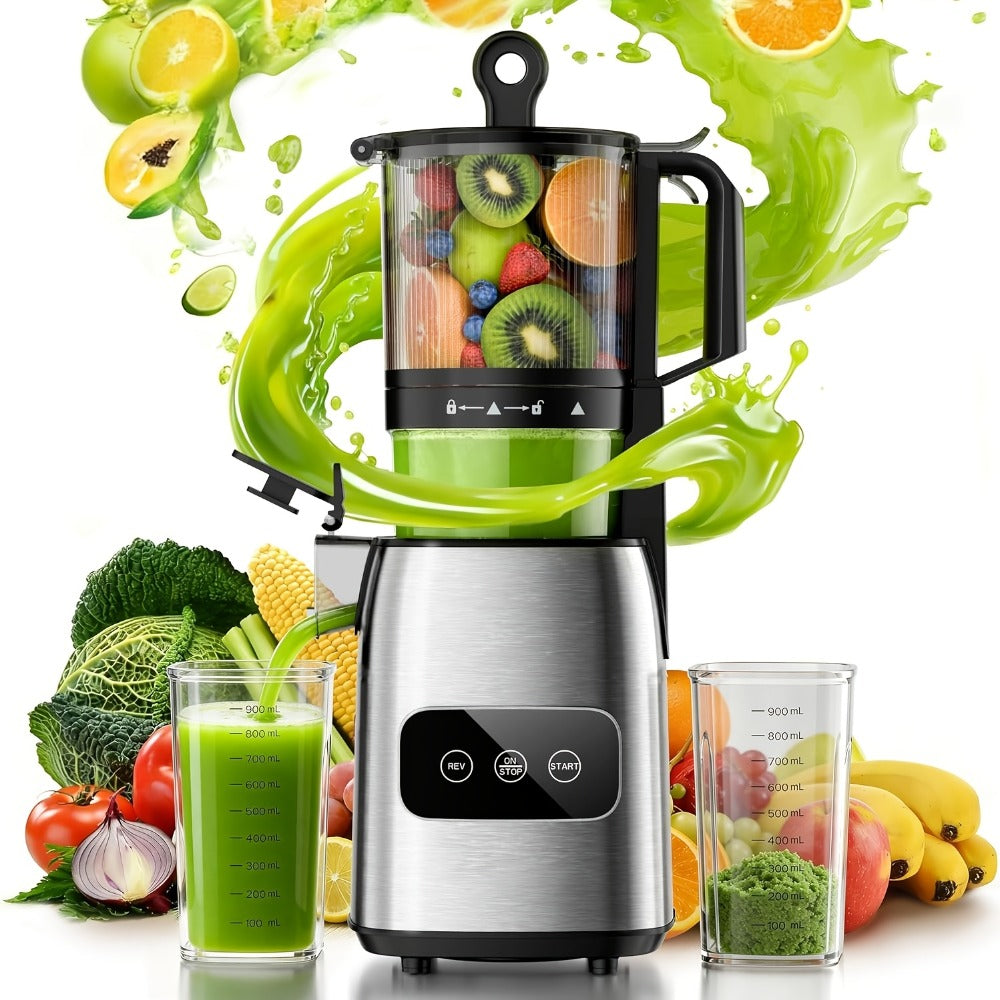 Cold Press Juicer Machine with Large Feed Chute - Slow Masticating Juicer for Whole Fruits & Vegetables, High Juice Yield, Easy to Assemble & Clean, LED Display Option, Silver, for Home & Kitchen