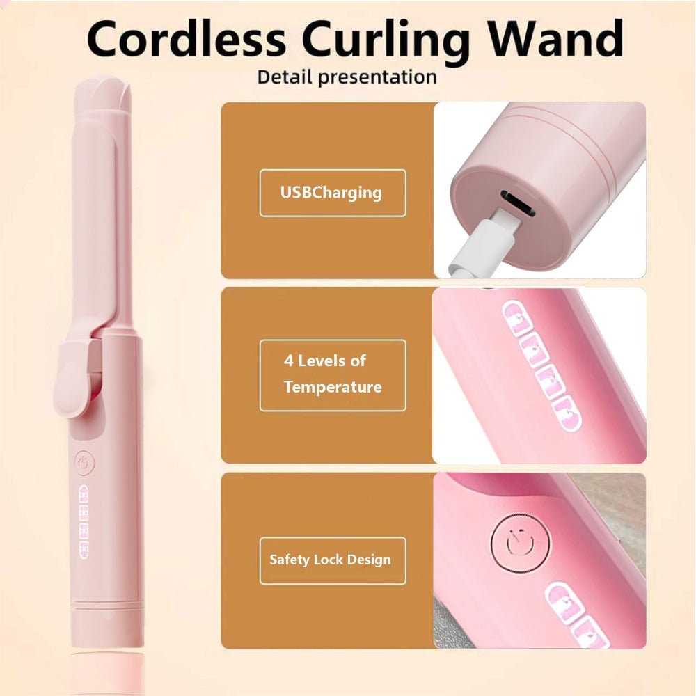 Mini Cordless Curling Iron Portable Ceramic Hair Curler USB Rechargeable 4-Temperature Settings Travel Hair Styling Tool for Curling and Straightening Gift for Women Mom Pink