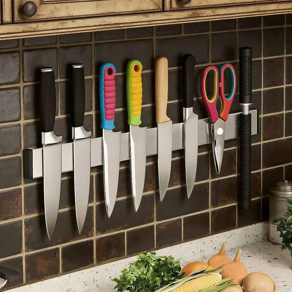 Magnetic Knife Holder Wall Mounted ¨C Stainless Steel Punch-Free Knife Strip Rack for Kitchen, Holds Chef Knife Santoku Bread Knife, No-Drill Knife Bar for Home Restaurant Kitchen Organization