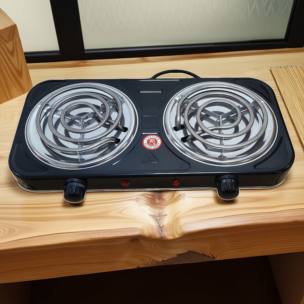 Portable Electric Stove Tabletop Double Burner ¨C Adjustable Rotary Temperature Control, Compact Electric Charcoal Heater for Home, Office, Dorm, Camping, Milk & Coffee Heating, Black