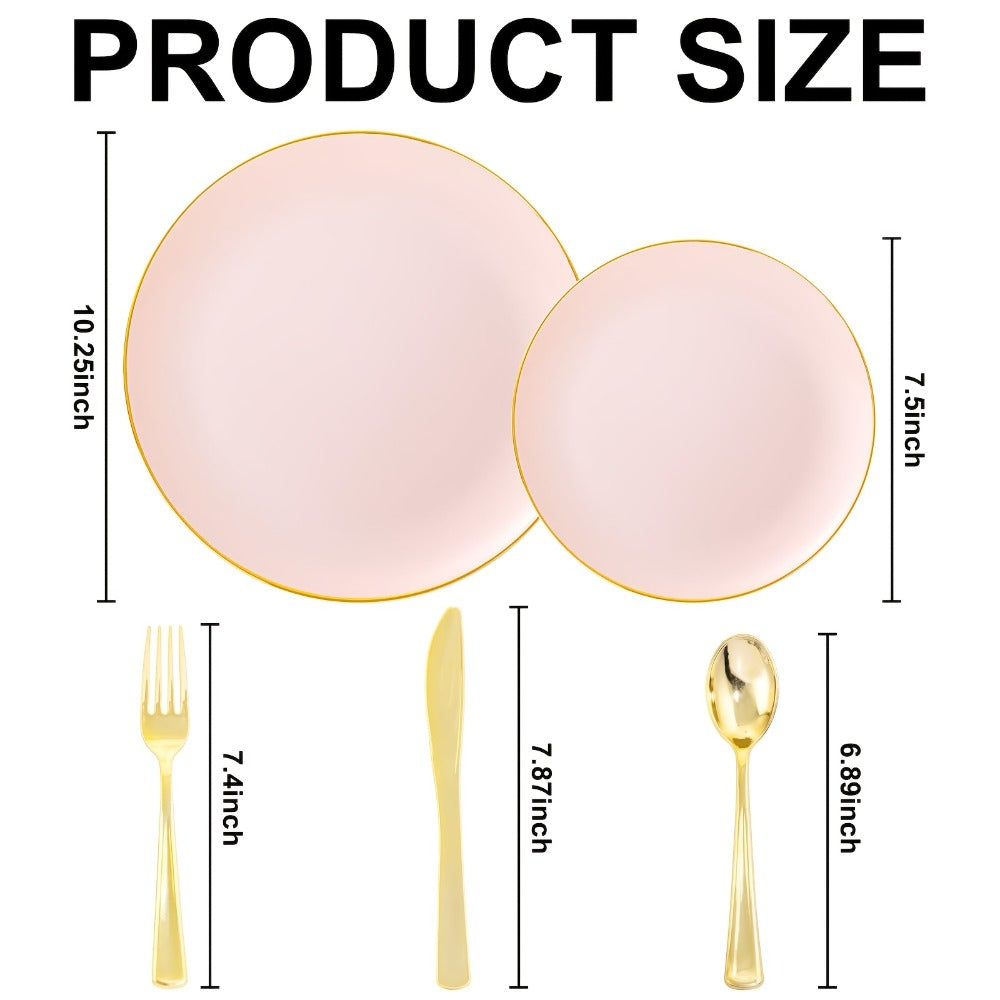 Disposable Plastic Plates Set 50 Piece - Pink Gold Rim Party Tableware with Dinner Plates, Dessert Plates & Utensils for Birthday Wedding Holiday