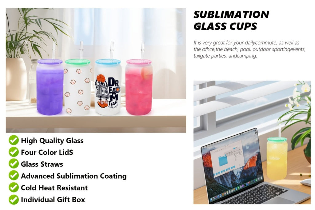 Frosted Sublimation Glass Tumblers 16oz Borosilicate Can Cups with Acrylic Lids ¨C Set of 8 or 12 for Juice, Soda & Iced Coffee
