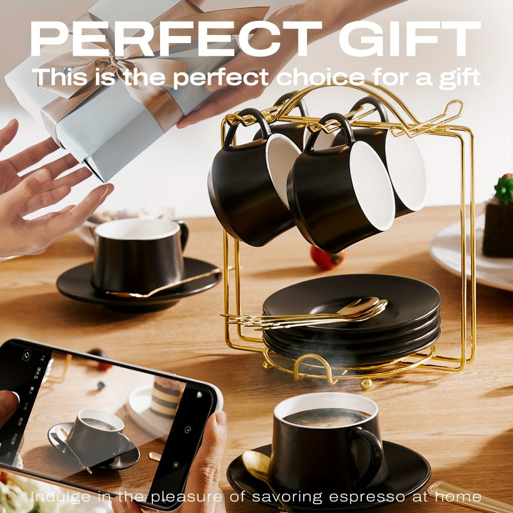 Espresso Cups Set of 6 with Saucers, Spoons & Metal Stands - 4oz Ceramic Cappuccino Coffee Cup Set, Dishwasher Safe Demitasse Cups for Espresso, Lungo, Cortado & Latte, Elegant Coffee Gift Set