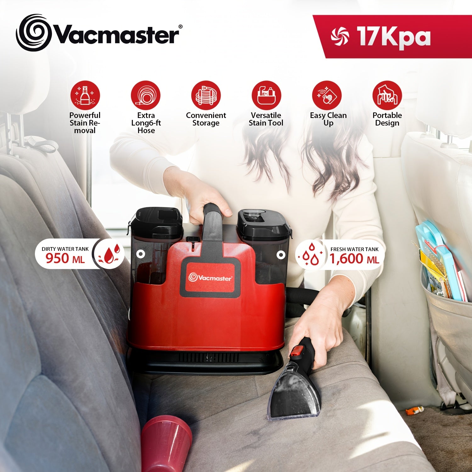 Portable Carpet Spot Cleaner Machine 17KPa Upholstery Stain Remover with Versatile Tools for Pet Stains Area Rugs Couches Car Seats Fabric