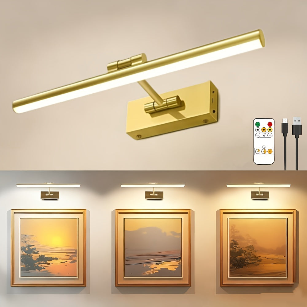 Picture Light 16 Inch Wireless Battery Powered LED Wall Light 6000mAh Rechargeable Remote Control Adjustable Brightness Art Light for Photo Frame Portrait Gallery Painting Home Decor Gold Black