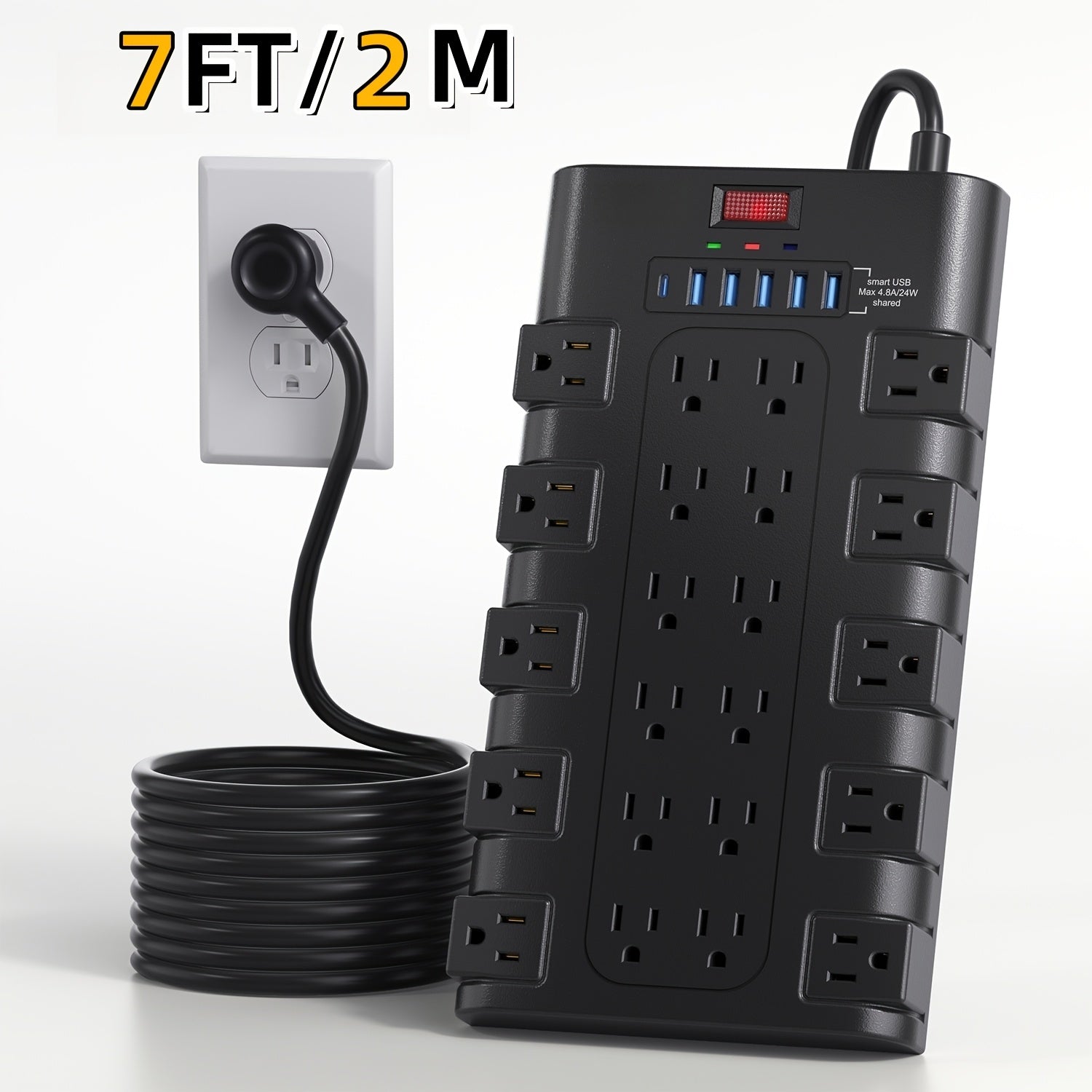 Surge Protector Power Strip 28-in-1, 22 AC Outlets 1875W 15A, 5 USB-A 1 USB-C Ports, Flat Plug Wall Mount, Overload Protection, Space-Saving Extension Cord for Home Office Kitchen Desk