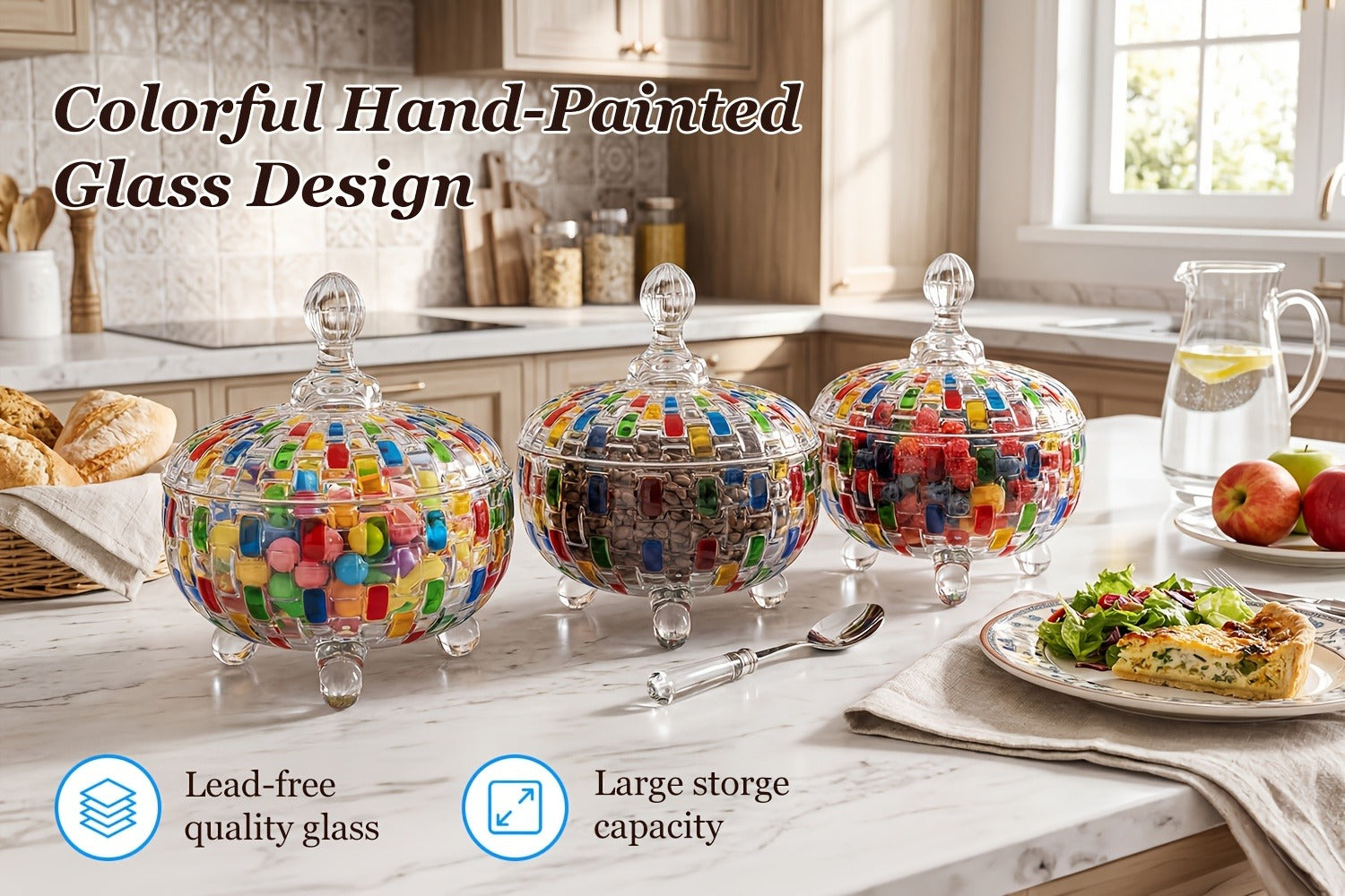 Crystal Glass Candy Dish with Lid & Tongs ¨C Hand-Painted Colorful Candy Box, Jewelry Storage Jar, Christmas Gift for Family & Friends | Elegant Candy Server