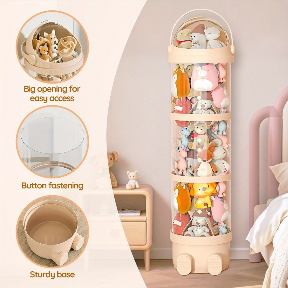 Stackable Round Stuffed Animal Storage Box with Lid ¨C 3-Tier Plastic Plush Toy Organizer with Layered Storage for Dolls Toys & Miscellaneous Items ¨C Kids Room Decor