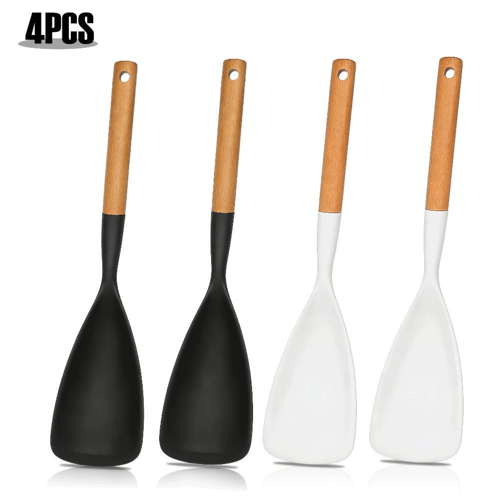 Silicone Kitchen Utensil Set 2/4 Pcs ¨C 12-Inch Wood Handle Cooking Tools with Stay-Cool Grip for Frying, Baking, Mixing & Serving, Non-Stick Cookware Safe Spatula & Spoon Kit