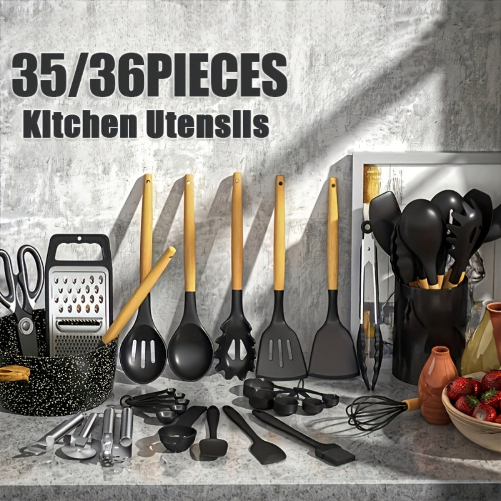 Silicone Cooking Utensils Set 35-Piece with Holder Rack Wooden Handle Heat Resistant Kitchen Tools for Non-Stick Pans ¨C Complete Kitchen Utensil Set in Multiple Colors