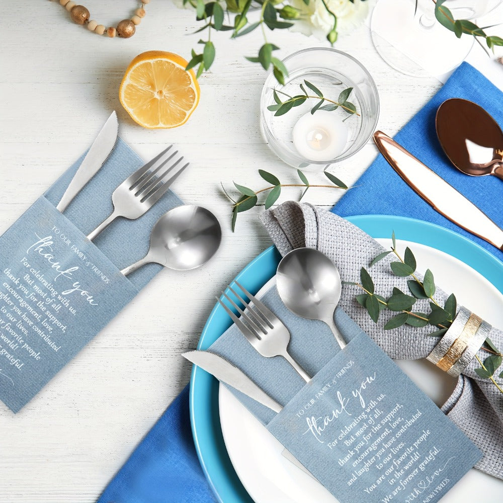 Wedding Cocktail Napkins 100pcs Thank You Napkins with Utensil Pocket Haze Blue Tissue Napkins for Bridal Shower Rehearsal Dinner Reception Party Supplies Newlyweds Guests