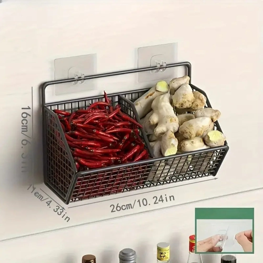 Wall Mounted Kitchen Storage Basket ¨C Metal Wire Rack Organizer, 2 or 3 Grid Tier, Space Saving Vertical Pantry Shelf for Spices, Snacks & Beverages, Home Kitchen & Retail Store Display