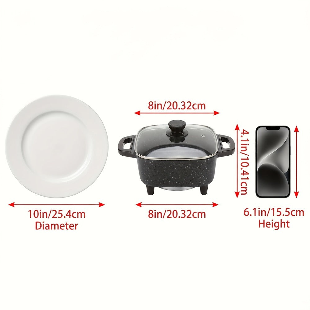 Electric Mini Square Hot Pot 8-Inch Non-Stick Speckled Coating Glass Lid Cool-Touch Handle Multi-Speed Temperature Control Compact Electric Skillet for Cooking Boiling Stewing Small Kitchen Apartment