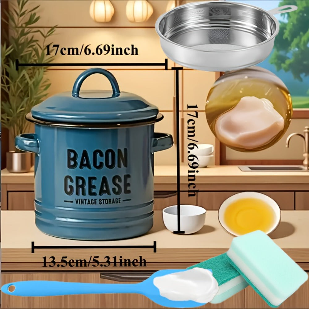 Bacon Grease Container with Lid, Large Capacity Grease Storage Can with Heat-Resistant Filter, Silicone Spatula & Cleaning Sponge Set, Flip-Top Oil Holder for Kitchen Household Use