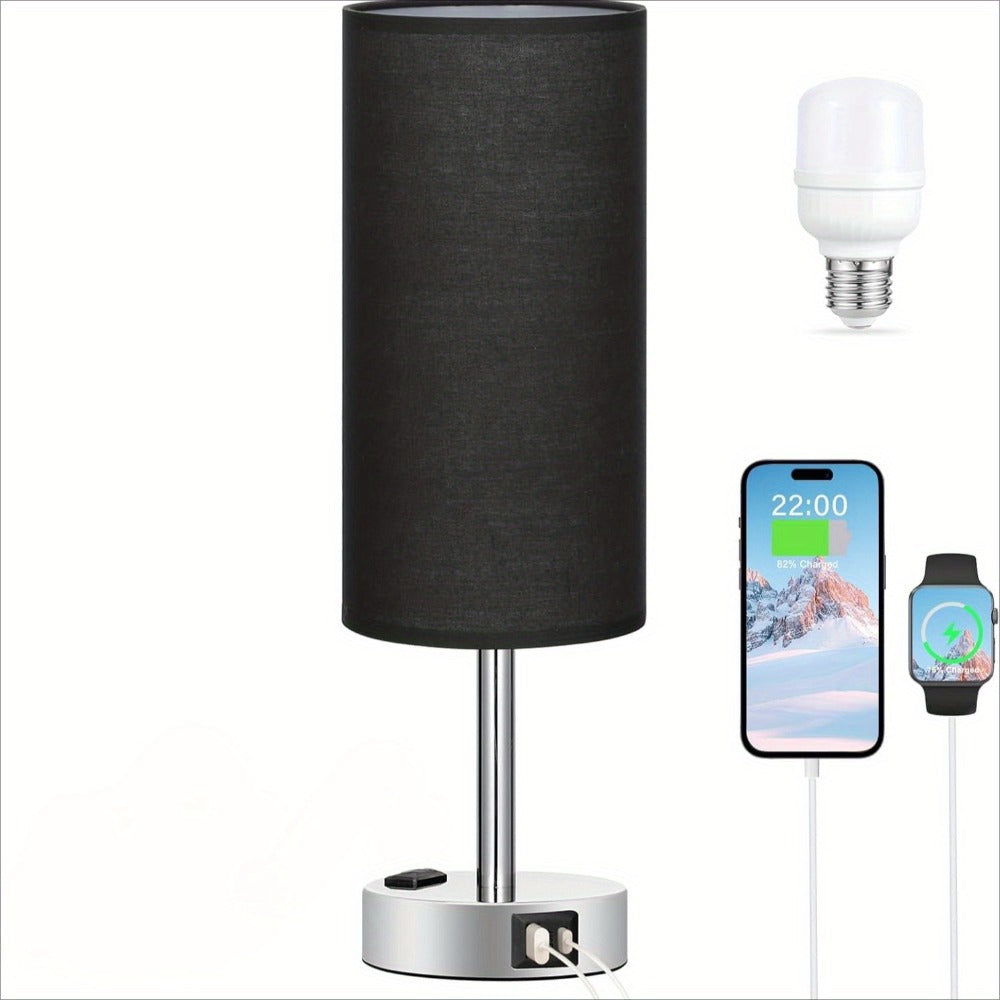 Dimmable Table Lamp with USB Charging Ports & AC Outlet - 3-Way Touch Control Bedside Nightstand Lamp, 6W LED Bulb Included, Wood & Metal Base, Modern Desk Light for Bedroom, Living Room & Office (1 or 2 Pack)