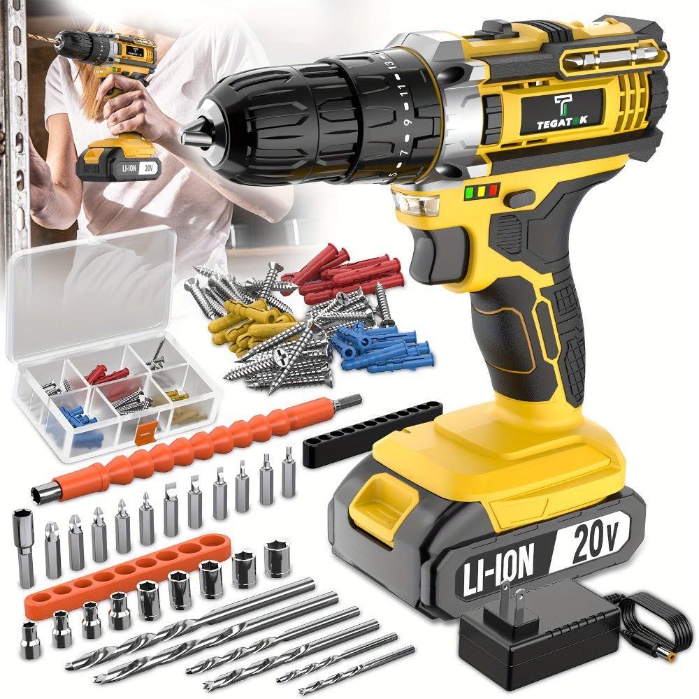 20V Cordless Drill Set Impact Power Drill 3/8 Inch Keyless Chuck 18+3 Clutch 45Nm Max Torque 2-Speed Work Light 2.0Ah Battery Fast Charger 136 148 PCS Kit