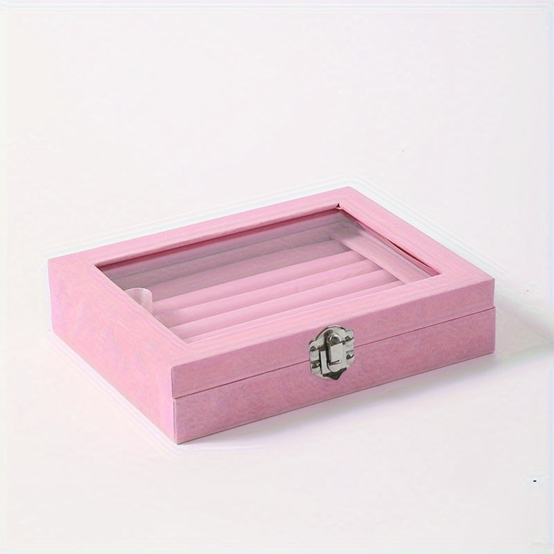 Jewelry Box with Locking Lid ¨C 49-Ring Capacity Glass-Like Plastic Ring & Earring Organizer, Large Rectangular Storage Case, Waterproof Anti-Tarnish, 4 Colors, Holiday Gift